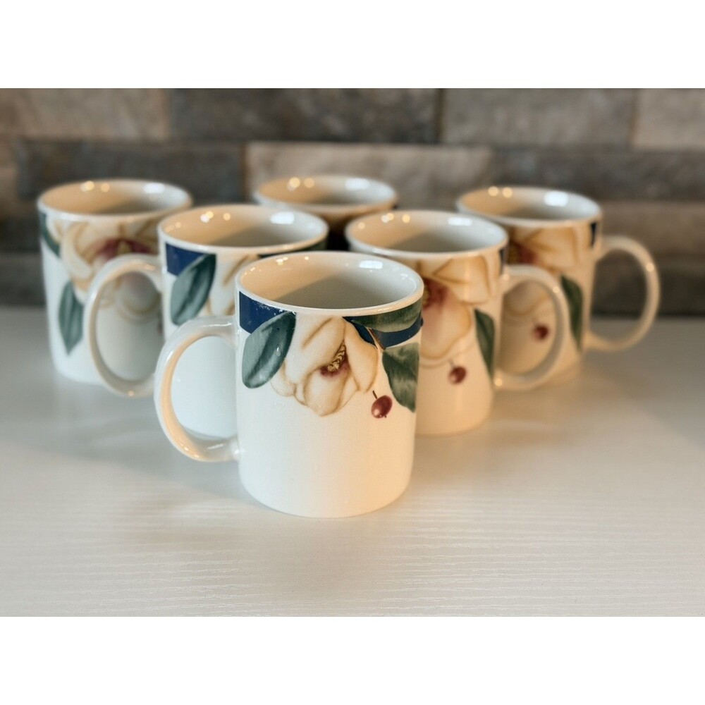 Set Of 6 Savannah Grove Collection Magnolia Floral Stoneware Coffee/Tea Mug 4”
